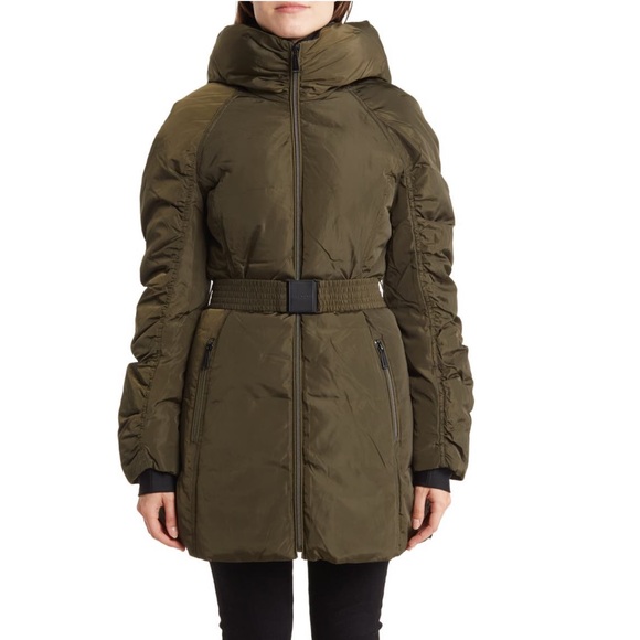 Laundry by Shelli Segal Hooded Belted Parka Jacket In MilitGry -Military Color - Picture 3 of 16